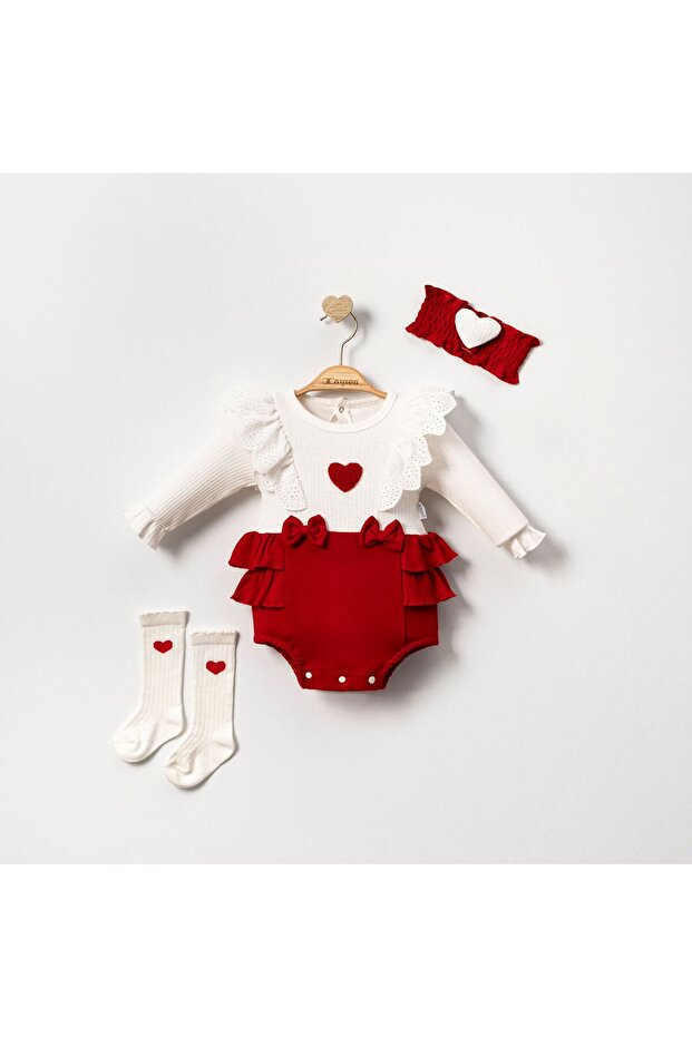 Ensemble 3 pièces pour bébé fille avec chaussettes - motif cœur rouge