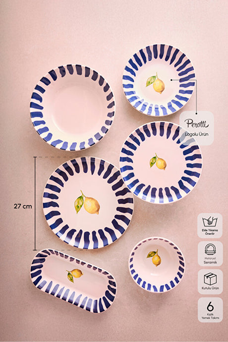 27-Piece 6-Person Ceramic Dinnerware Set - Lemon & Blue Stripe Design