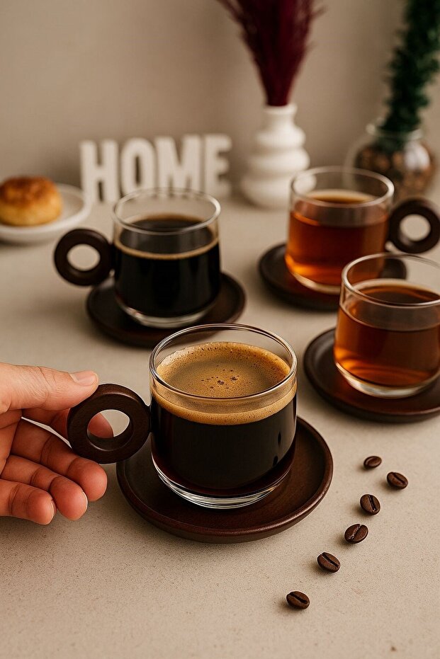 Morponi Premium Borosilikatglas Tee- und Kaffeetassen-Set mit Akaziengriff und Unterteller - Set von 6