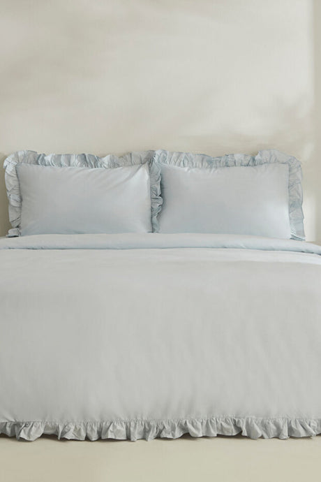Pure Ruffle 100% Cotton Double Duvet Cover Set - Light Blue