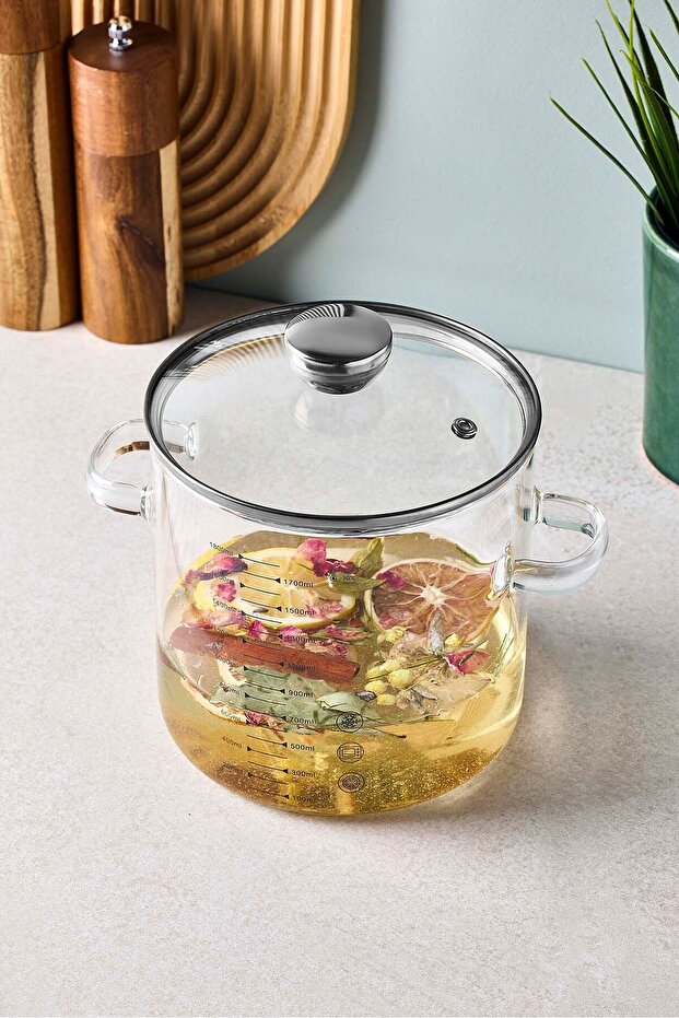 1800ml Borosilicate Glass Pot with Measuring Marks & Glass Lid
