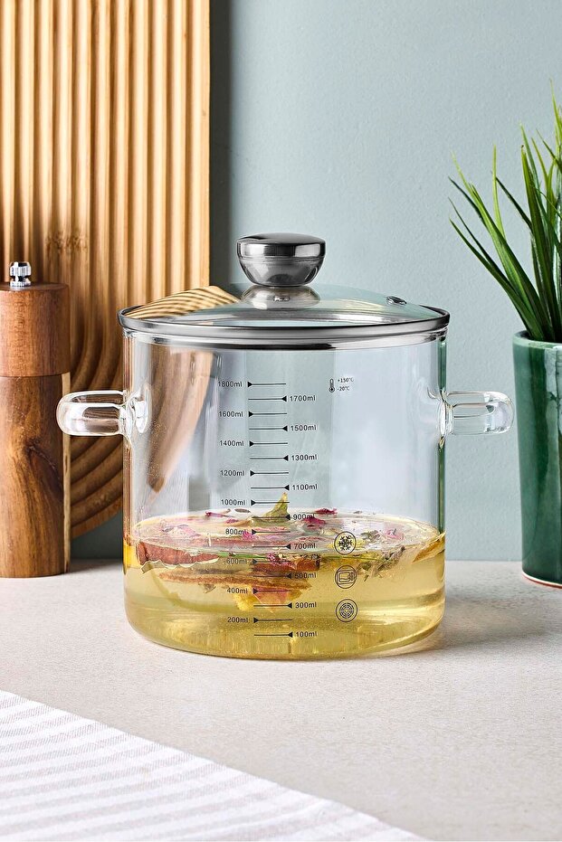 1800ml Borosilicate Glass Pot with Measuring Marks & Glass Lid