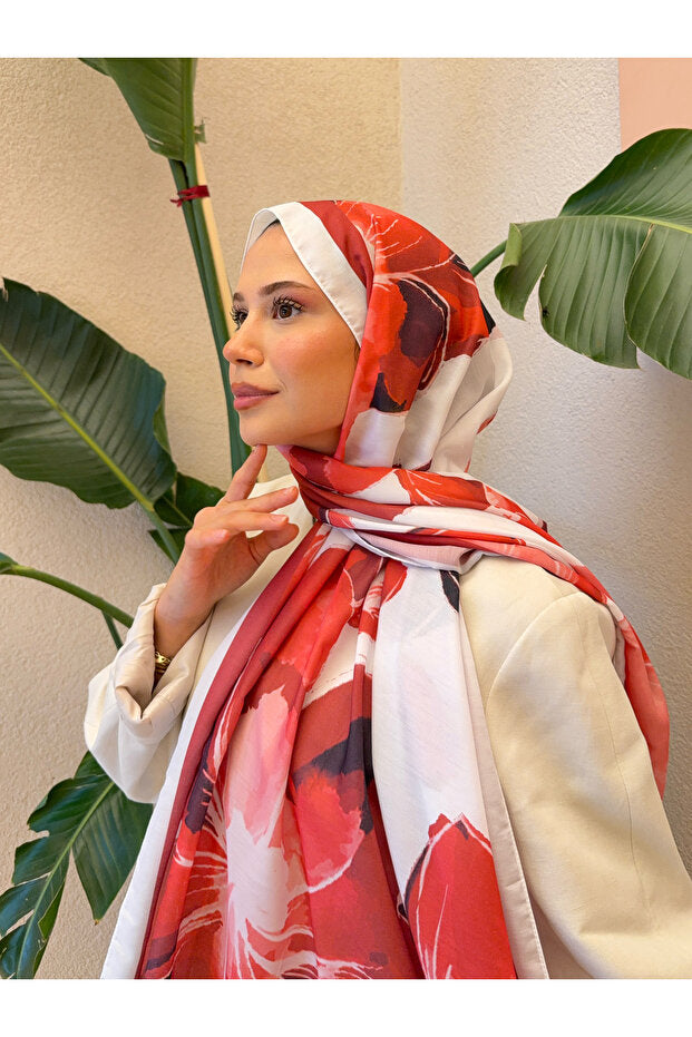 Retro Floral Cotton Soft Shawl - Red & White
