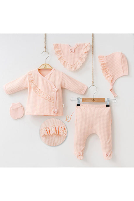 Baby 5-Piece Newborn Layette Set - Salmon Textured with Ruffles & Bows