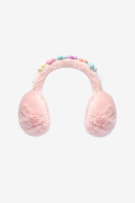 Girls Daisy Earmuffs - Pink with Colorful Pom-Poms