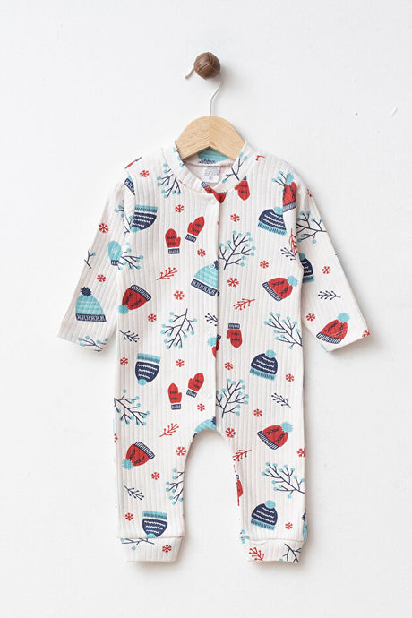 Baby Cotton Ribbed Romper - Winter Hat & Mitten Print (0-3 Months)