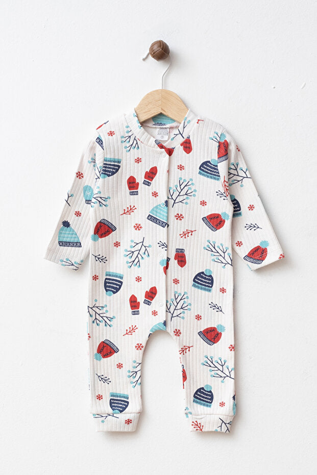Baby Cotton Ribbed Romper - Winter Hat & Mitten Print (0-3 Months)