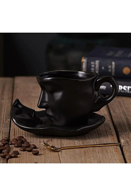 Modern Scandinavian Face Art Black Coffee Mug & Saucer Set - 110ml Capacity