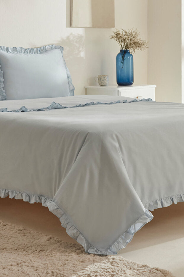 Pure Ruffle 100% Cotton Double Duvet Cover Set - Light Blue