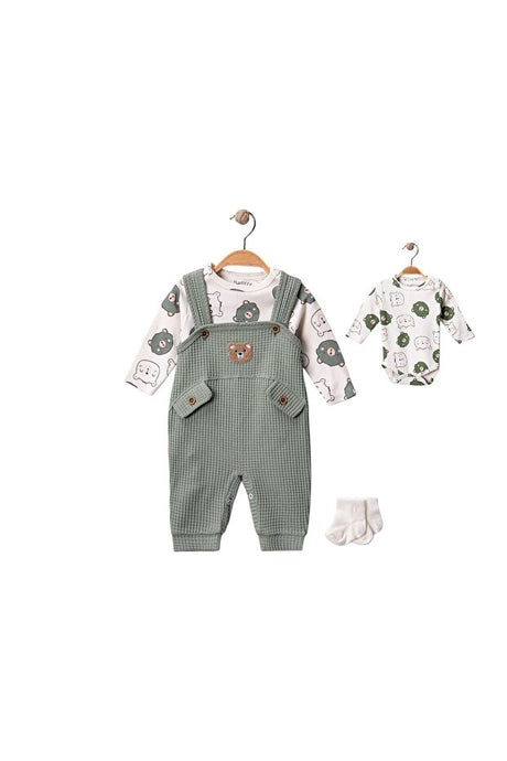 Baby Bear Embroidered 3-Piece Cotton Overall, Bodysuit & Socks Set