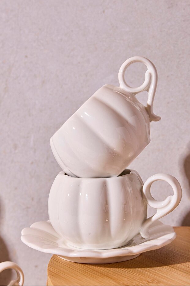 Pumpkin Ribbed Porcelain Coffee Cup Set - 6 Cups & Saucers