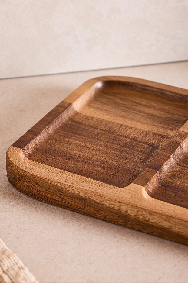 Natural Wood 3 Compartment Snack Serving Tray - 25x14 cm