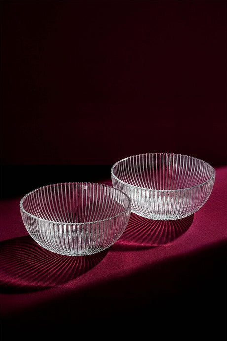 Fidenza 20 cm Ribbed Glass Salad Bowls - Set of 2 for Stylish Serving