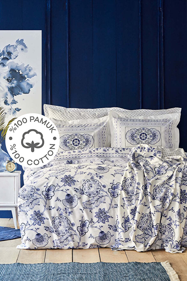 Amar Blue Floral 100% Cotton Double Duvet Cover Set