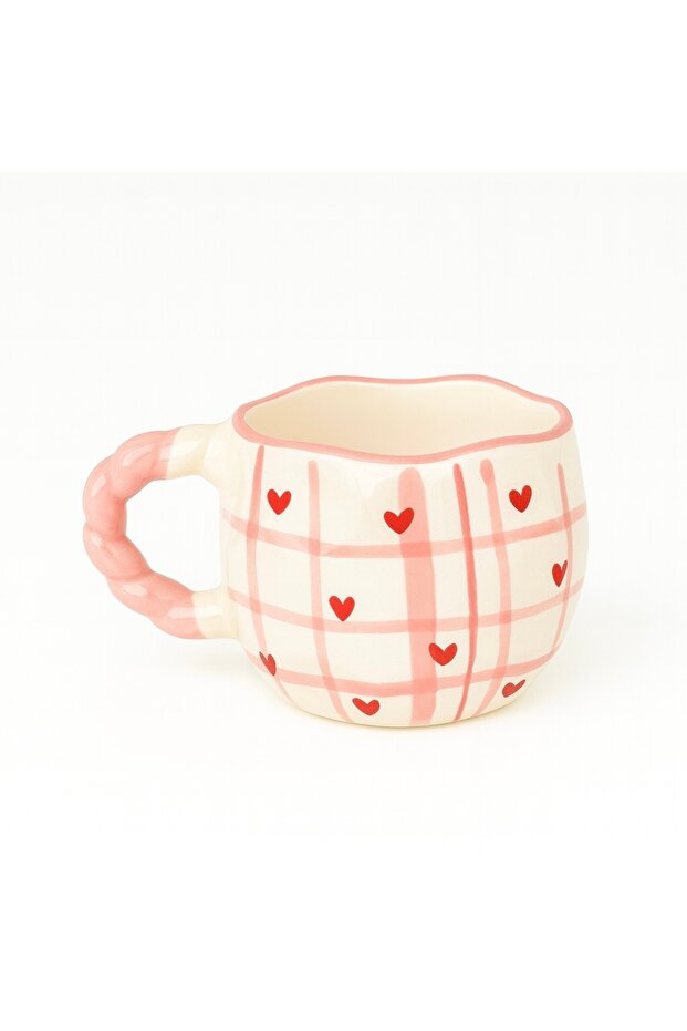 Pink Plaid Heart Pattern Ceramic Mug - Handmade Coffee & Tea Cup