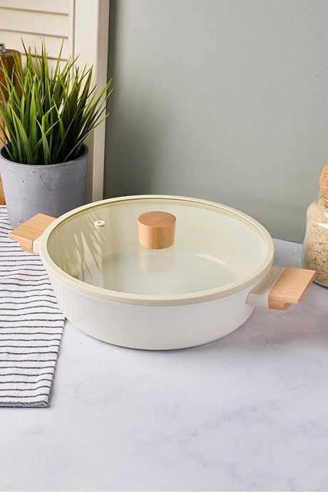 24cm Ceramic Shallow Pot - Induction Base & Wooden Handles
