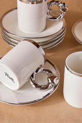 Elegant 6-Person Porcelain Coffee Cup Set with Silver Handles