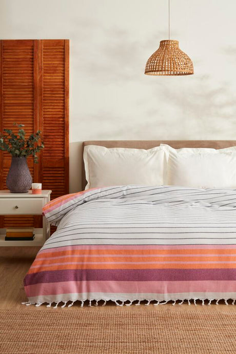 Luis Double Peshtemal Bedspread - Orange Stripes, 180x220 cm