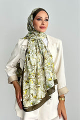 Shawl in Cotone Morbido con Motivo Floreale Lotus - Haki