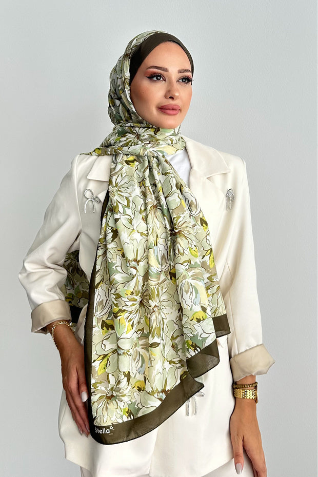 Shawl in Cotone Morbido con Motivo Floreale Lotus - Haki