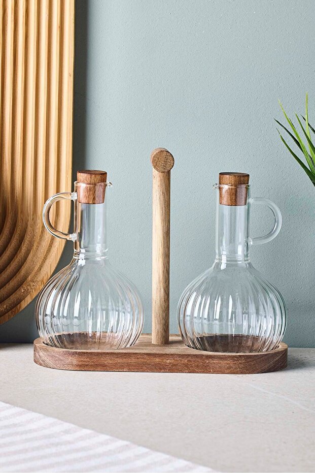 Acacia Wood Stand Oil & Vinegar Dispenser Set - 350ml x 2