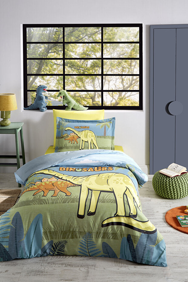 Dino Zoo Single Duvet Cover Set - 100% Cotton, Dinosaur Design