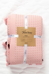 100% Cotton Double Size Waffle Pique Bedspread with Pompoms - Pink