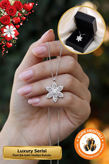Baguette Stone Lotus Flower 925 Silver Plated Necklace with Light-Up Gift Box