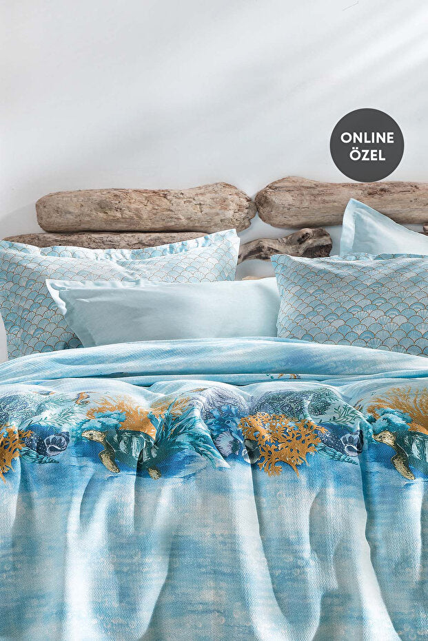 Aquamarine Double Pique Bedding Set - Turquoise Floral