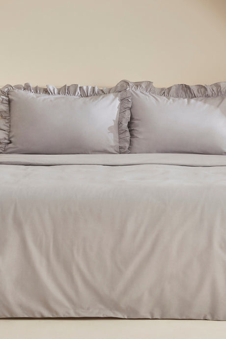 Pure 100% Cotton Double Duvet Cover Set - Grey with Ruffles