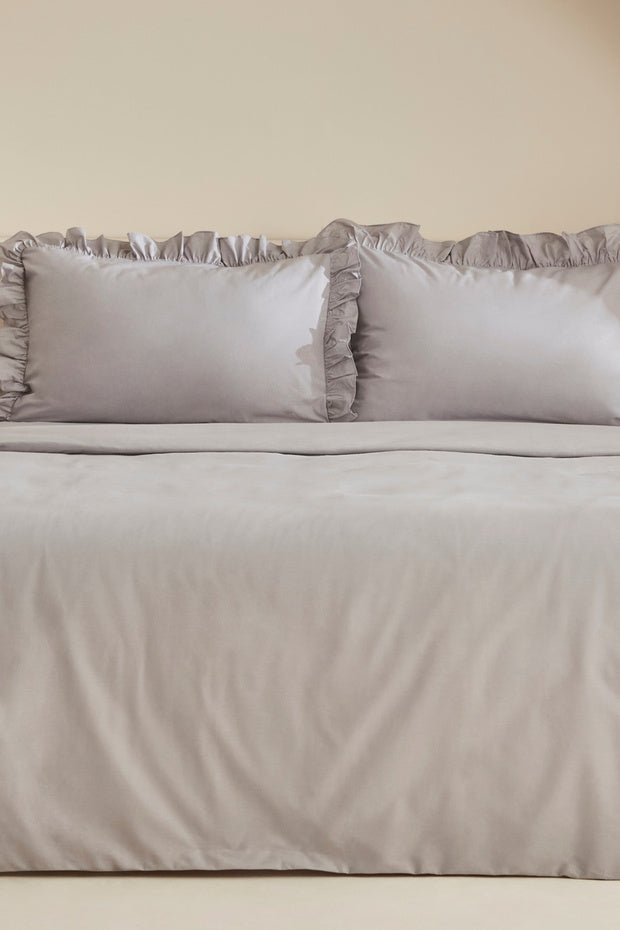 Pure 100% Cotton Double Duvet Cover Set - Grey with Ruffles