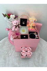Elegant Pink Love Gift Set with Drawer Box - Jewelry, Bear & Rose Dome