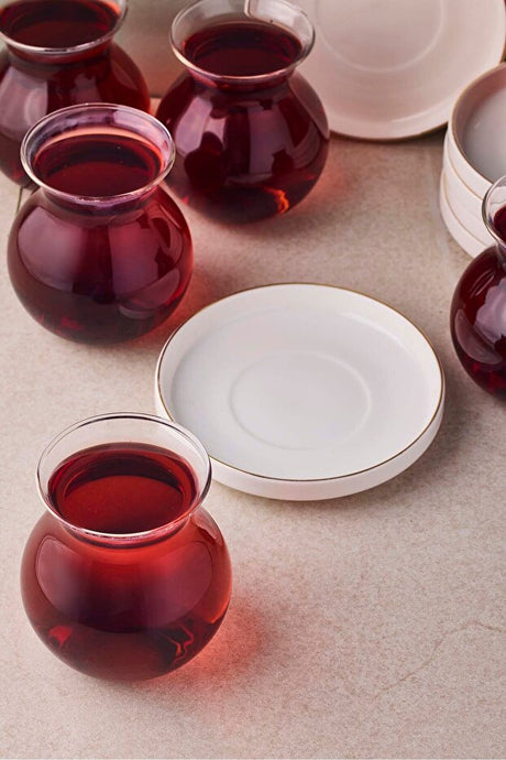 Gold Detailed Glass Tea Set - 6 Person, 12 Pieces, 210ml