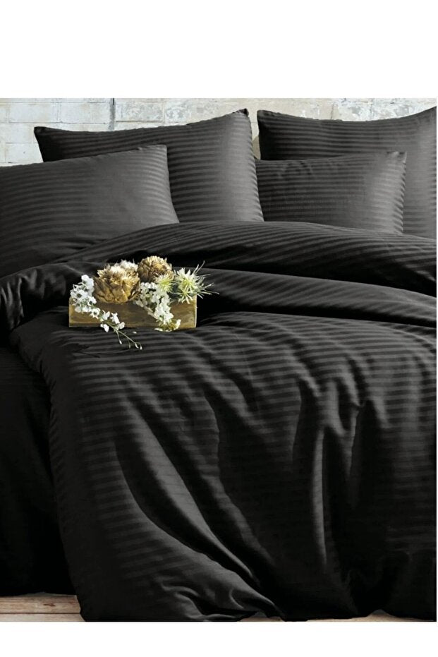 Black Satin Cotton Double Duvet Cover Set - 4 Piece