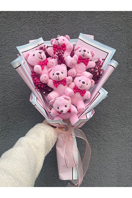 Romantic Pink Teddy Bear & Chocolate Bouquet - 6 Plush Bears