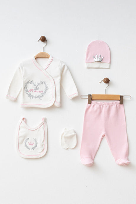 Baby Girl Princess Embroidered Cotton Newborn Hospital Exit Set - 5 Pieces