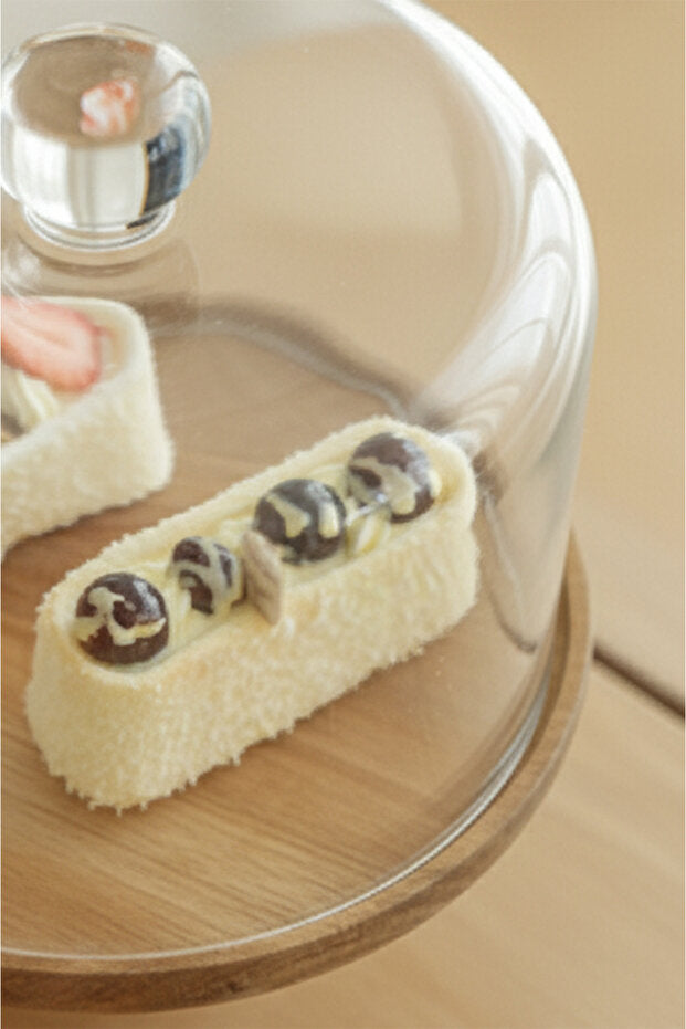 Acacia Wood Cake Stand with Glass Dome - 22 Cm Diameter