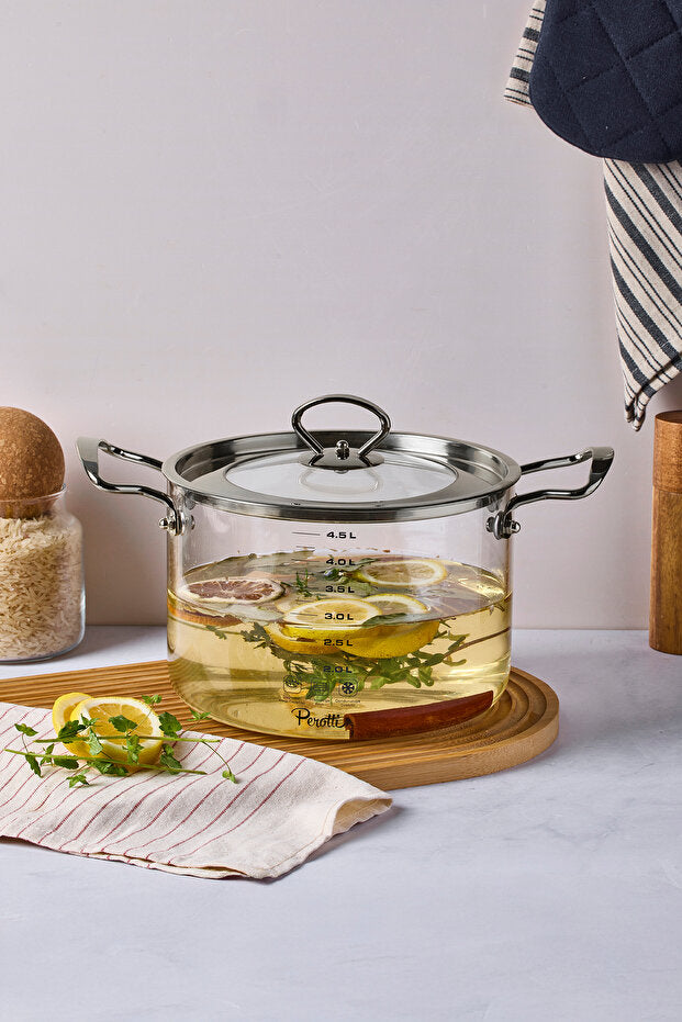 Versatile 4.5 L Glass Pot with Silver Lid and Measurement Marks