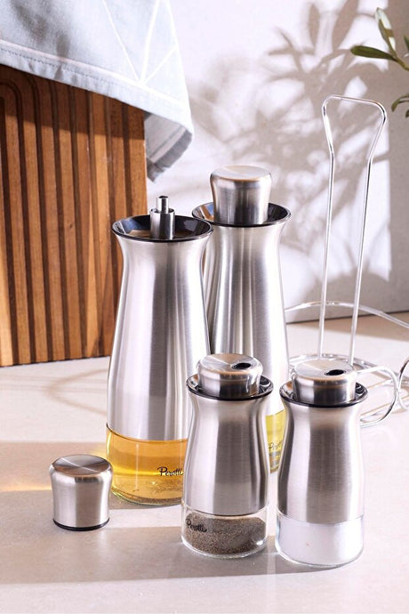4-Piece Stainless Steel & Glass Oil, Vinegar, Salt & Pepper Set with Stand
