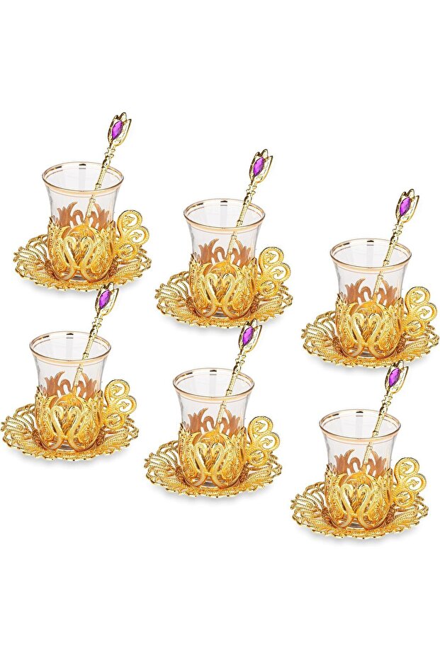 Ensemble de thé turc authentique premium avec motif ottoman et cuillères - Ensemble de 6 pièces