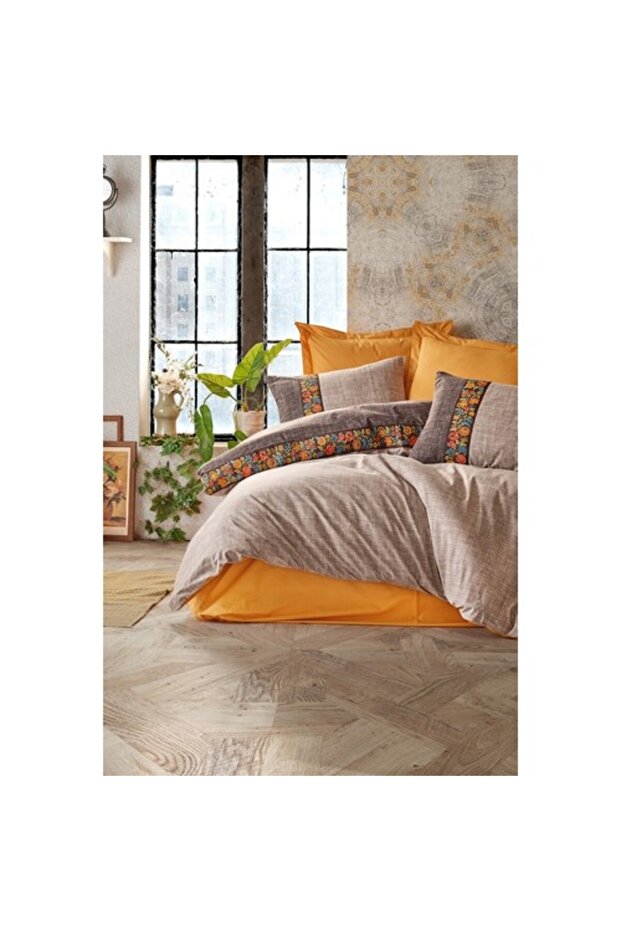 Folk Ark Double Duvet Cover Set - Floral Design Mink