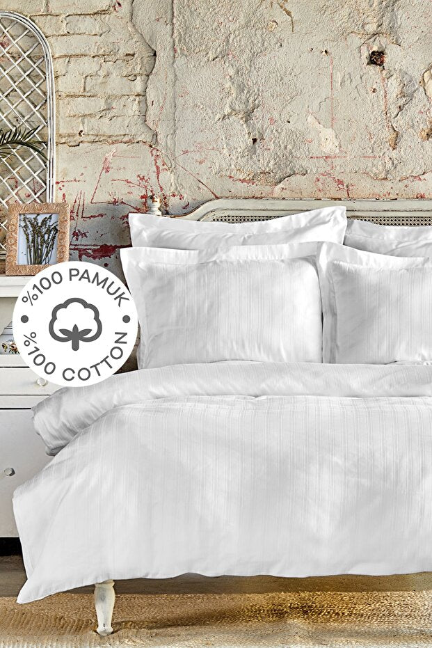 Charm Bold White 100% Cotton Double Duvet Cover Set