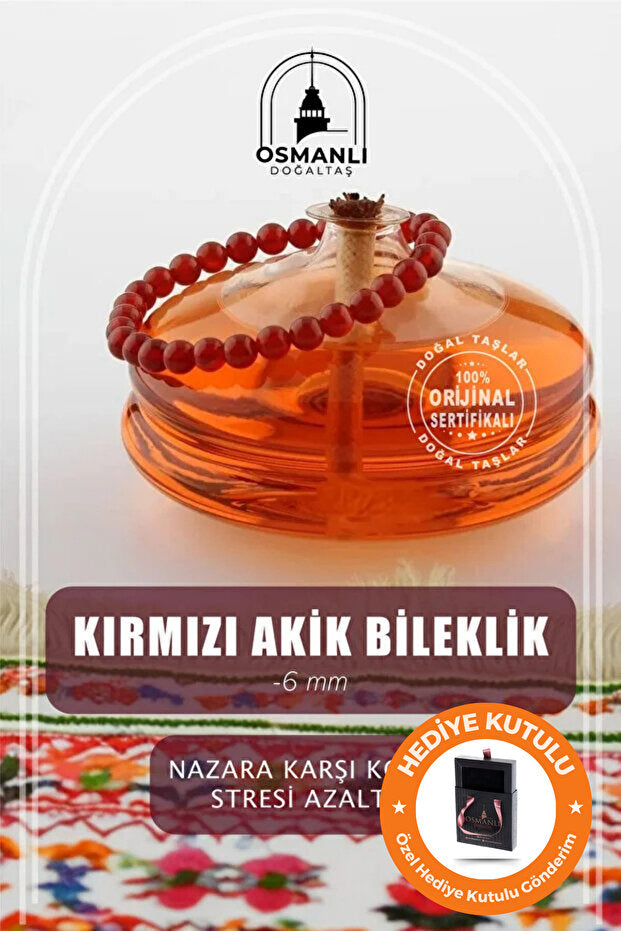 Red Agate Natural Stone Bracelet - 6mm Beads, 18-19cm, Gift Boxed