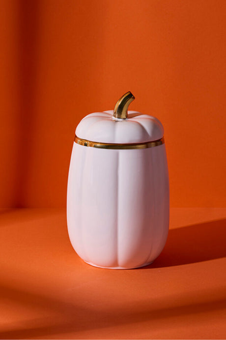 White Porcelain Pumpkin Lidded Jar with Gold Accent - 18x11 cm