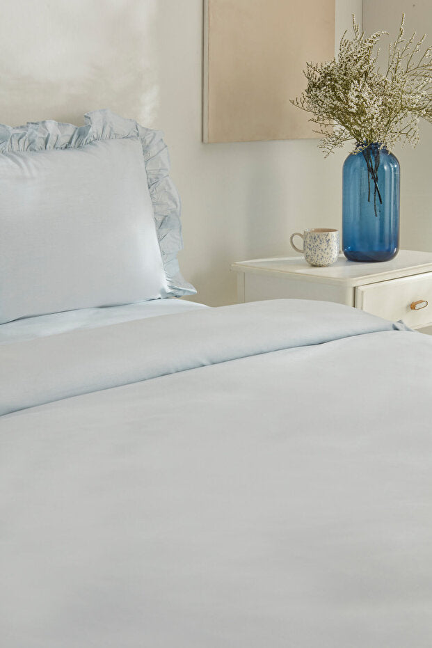 Pure Ruffle 100% Cotton Double Duvet Cover Set - Light Blue