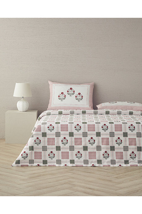 Floral Grid Cotton Double Duvet Cover Set - Rose Dry