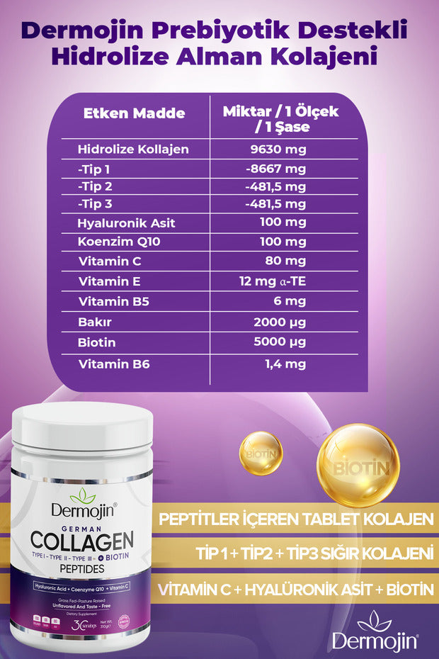 Duitse Collageen Peptiden Poeder - Type I, II, III + Biotine, 310g