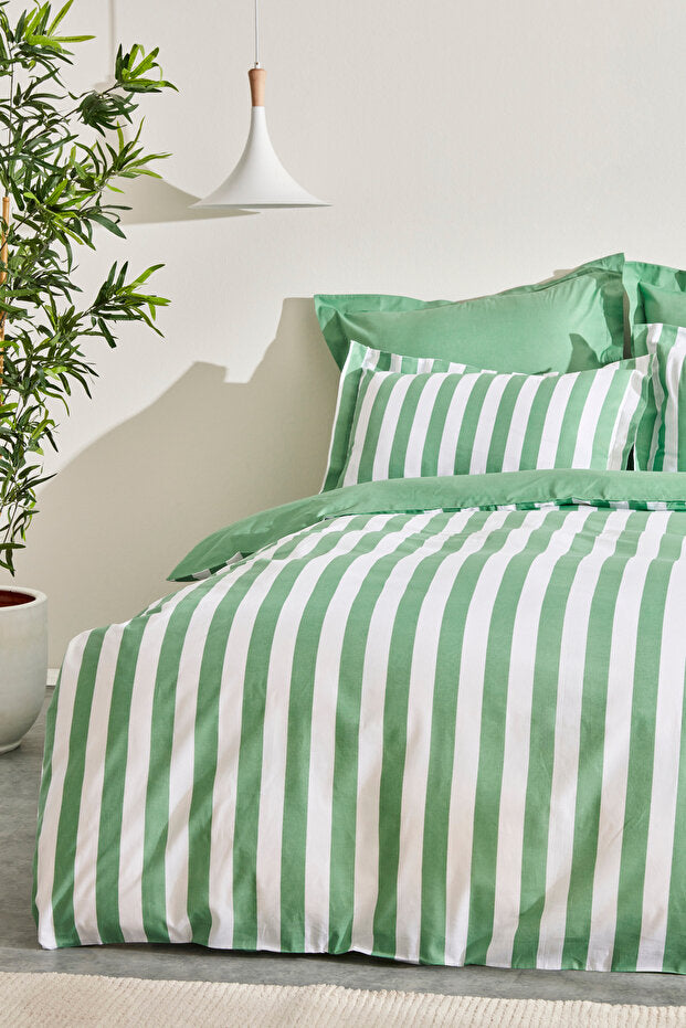 Brine 100% Cotton Single Duvet Cover Set - Green Stripes