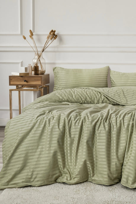 Double Cotton Sateen Duvet Cover Set - Striped Sage Green