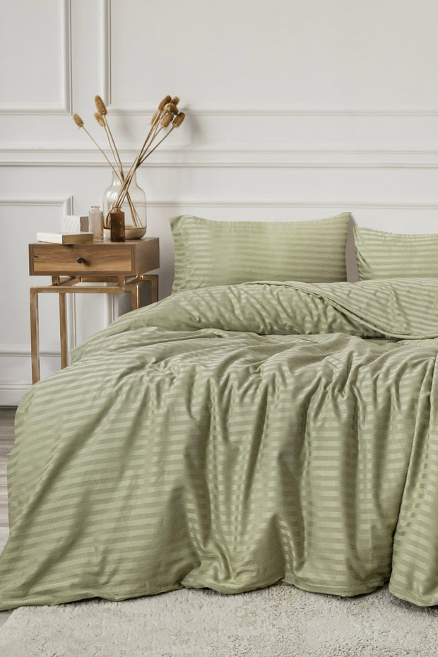 Double Cotton Sateen Duvet Cover Set - Striped Sage Green